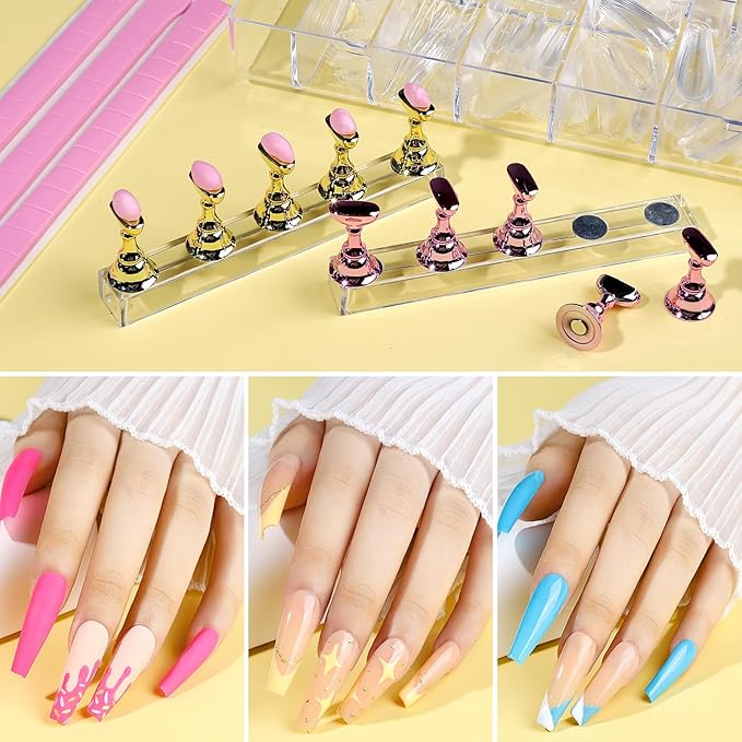 Teenitor Press On Nail Kit - Clear Coffin Nail Tips Art Brushes Dotting Pen Glitter Stickers &amp Rhinestones