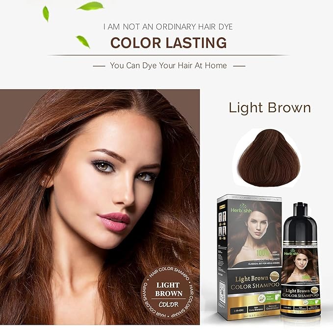 Herbishh Light Brown Hair Color Shampoo - 3-In-1 Magic Dye for Gray Hair 500 Ml + Essential Flower Hair Oil - Organic Formula for Dry Damaged Hair 60 ML
