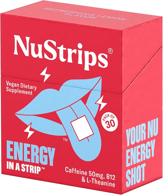 NuStrips??Fast-Dissolving Energy Strips with 50mg Caffeine L-Theanine &amp Vitamin B12 ? Instant Energy &amp Focus Without Jitters or Crash ? Works Faster Than Coffee ? Refreshing Lemon (30 Strips)