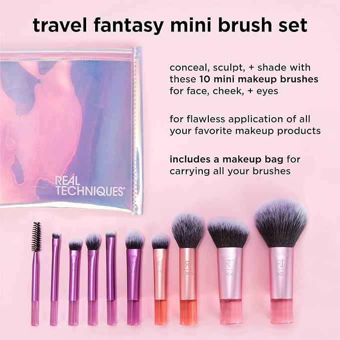 Real Techniques 11 Piece Travel Fantasy Mini Brush Set Travel Size Makeup Brushes For Foundation Eyeshadow Powder Blush Contour &amp Concealer Makeup Bag Included Gift Set Cruelty-Free