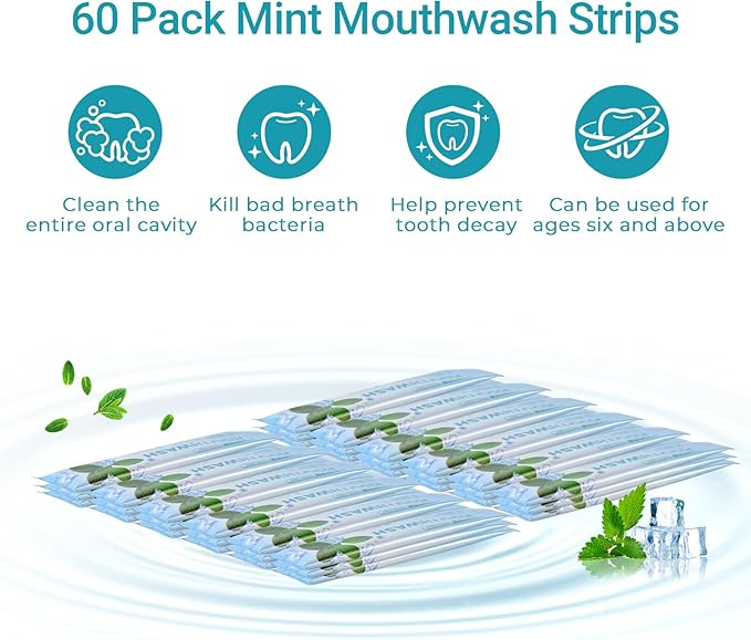 Travel-Size Alcohol &amp Fluoride Free Mint Mouthwash Packets 60 Individually Wrapped Portable Packs for Adults Fresh Breath Mint Flavored Mouthwash for Oral Hygiene 0.63 Fl Oz Each