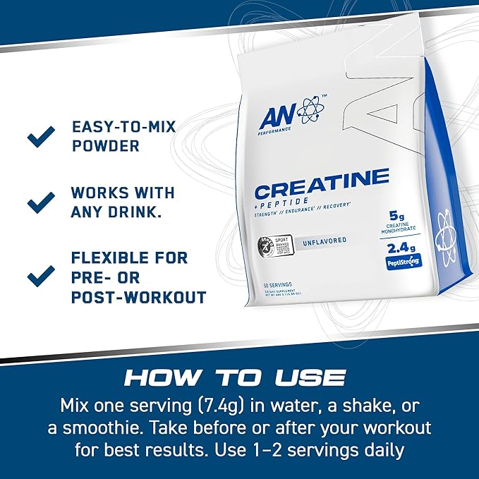 AN Performance Creatine + Peptide | Unflavored | 5g Creatine Monohydrate 2.4g PeptiStrong | Gluten-Free Low Carb Low Fat | Keto Friendly | 60 Servings