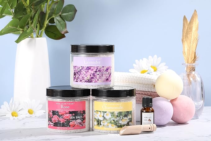 spa luxetique Bath Salts 8pcs Bath Salts Gift Set with Argan Oil Bath Bombs Wooden Scoop Epsom Salt for Soaking in Lavender Rose Chamomile Scent Mother's Day Gifts