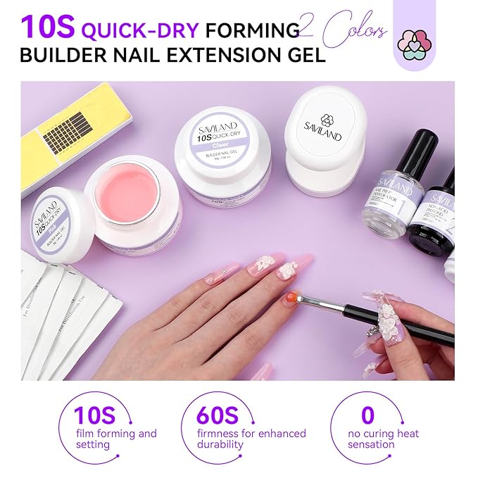 SAVILAND Quick-dry Builder Nail Gel Kit - Clear Pink Builder Hard Gel with Mini UV Light Top Gels Dehydrator Non-acid PH Bond Primer and Nail Extension Application Tools for beginners