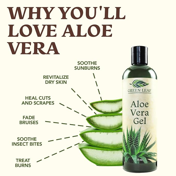 Green Leaf Naturals Amazing Aloe Vera Gel - Freshly Cut 100% Pure Aloe Premium Quality Vegan Unscented - Natural Sunburn Relief After Shave Skin Face &amp Hair Care (two 8oz bottles) 16oz