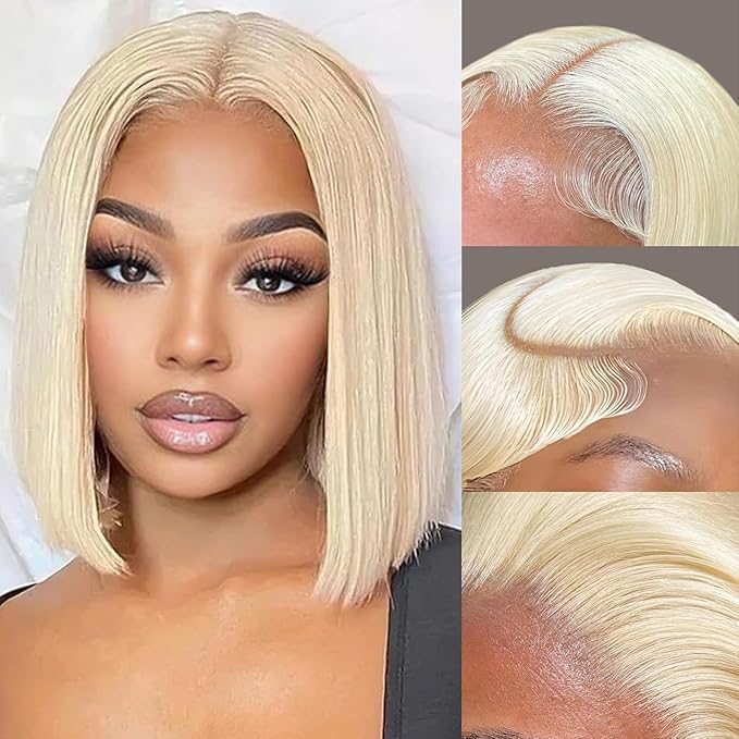 613 Blonde 13x4 Bob Wig Human Hair 180% Density HD Transparent Lace Front Wigs Human Hair Short Bob Pre Plucked Straight Wigs Human Hair for Women 8 Inch