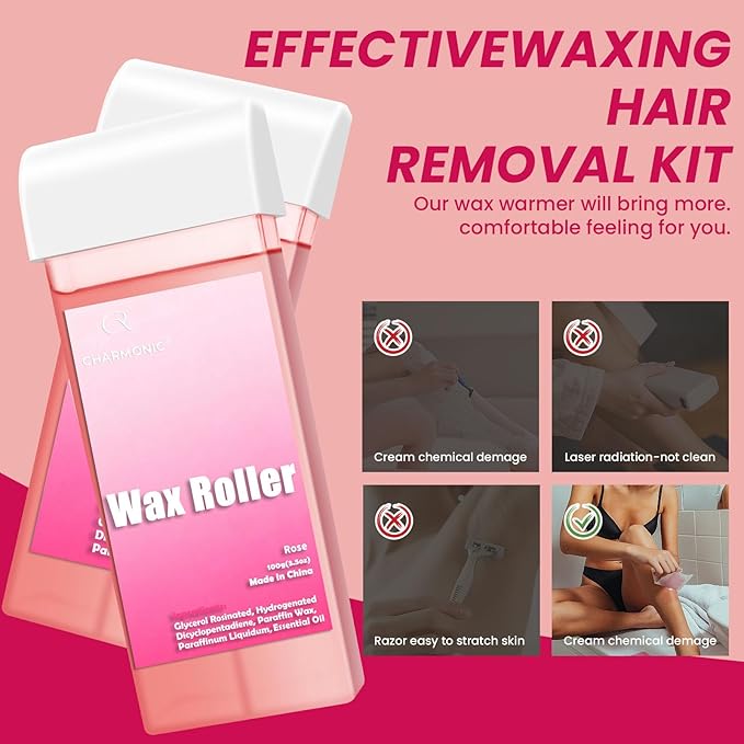 Roll On Wax Kit Portable Wax Roller Kit for Coarse/Fine Hair Removal Beginners Waxing Roller for All Skin Types with 3 Pcs 100g Roll Cartridge 100 Non-Woven Strips &amp 10 After Oil Wipes (F1_Pink