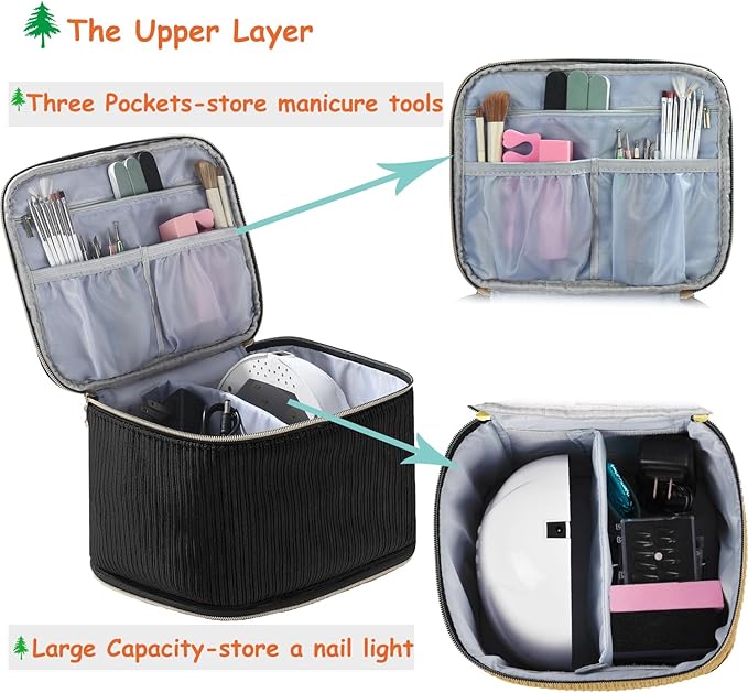 Corduroy Nail Polish Organizer and Nail Lamp Case Nail Kit Organizer Holds 30 Bottles (15ml - 0.5 fl.oz) and a Nail Lamp Nail Polish Carrying Case with Manicure Tools Storage Sections (Black)