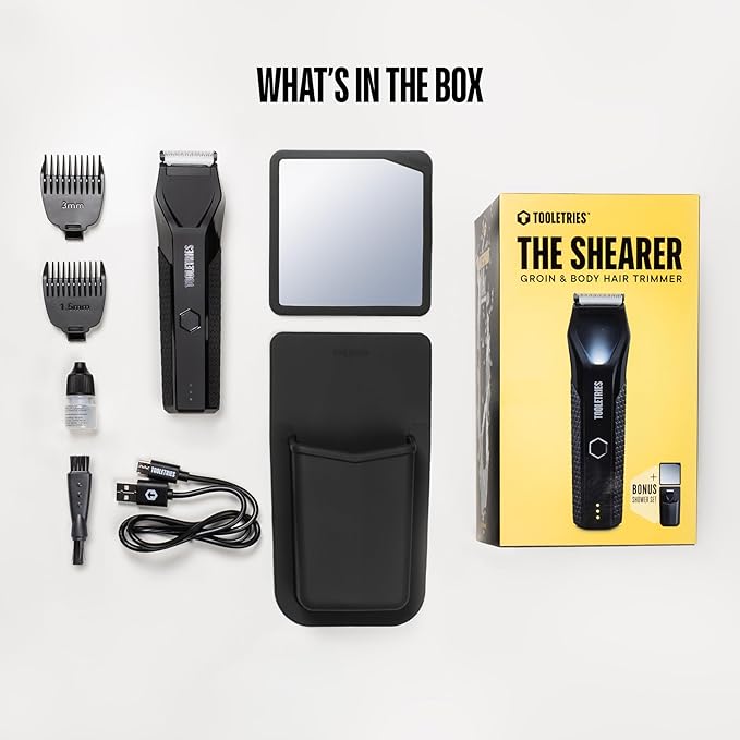 TOOLETRIES The Shearer - Groin &amp Body Hair Trimmer for Men Electric Shaver for Pubic Hair Balls Groin Chest Legs Waterproof Wet/Dry Clippers Rechargeable Bonus Shower Kit