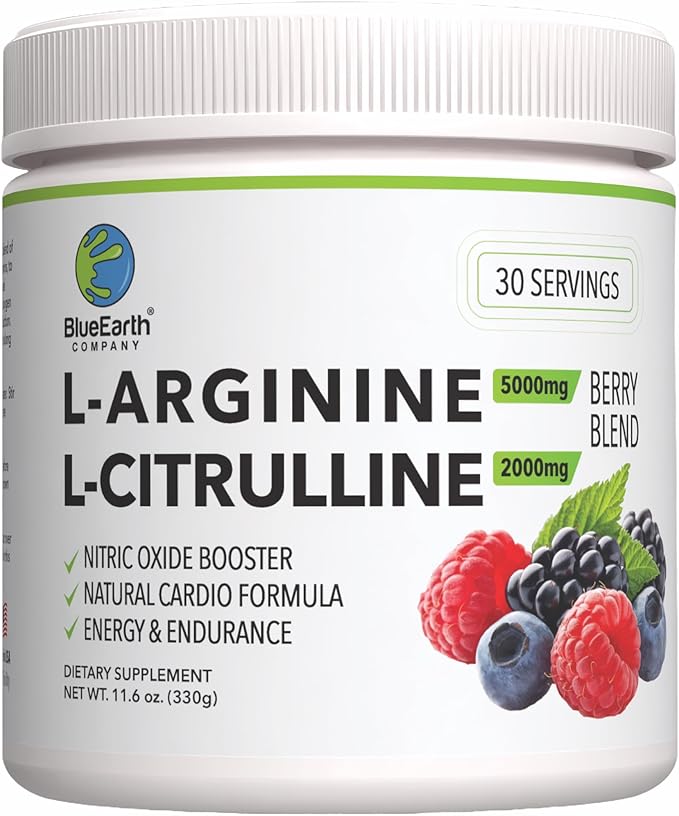 L-Arginine 5000mg + L-Citrulline 2000mg Complex Powder Supplement - Nitric Oxide Booster - Heart Health Blood Flow Energy &amp Endurance - 30 Servings (Berry Blend)