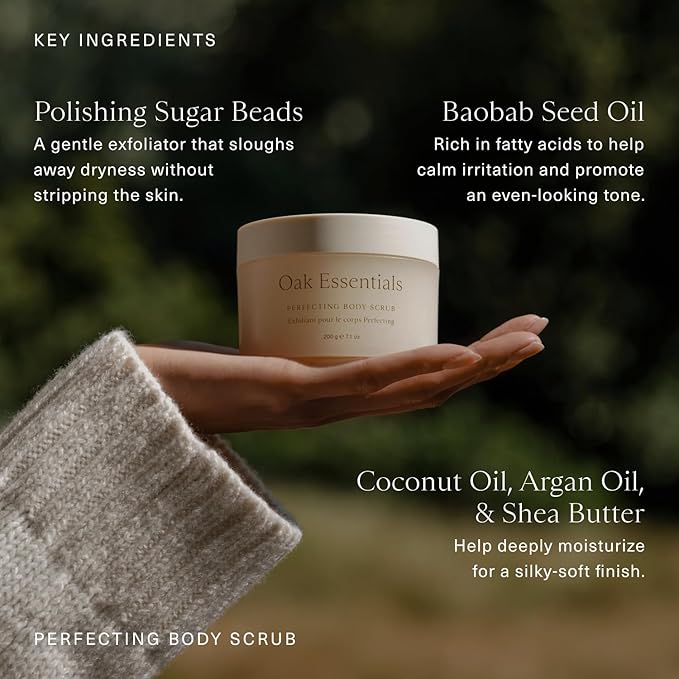 Oak Essentials Perfecting Body Scrub | Gentle Sugar Body Exfoliator for Visibly Smoother Softer Skin 7.1 Oz