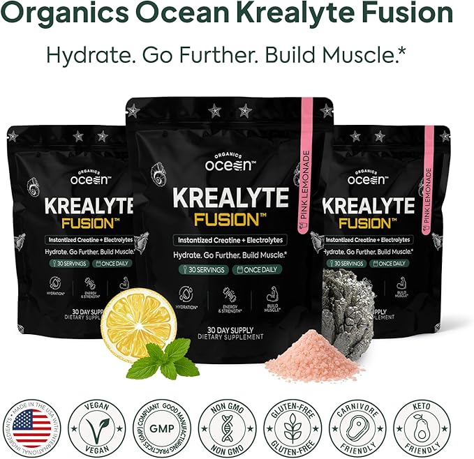 Organics Ocean Krealyte Fusion - Instantized Creatine Monohydrate Powder with Electrolytes - Muscle Strength Endurance &amp Hydration Support - Vegan Sugar-Free Pink Lemonade Flavor - 60 Servings