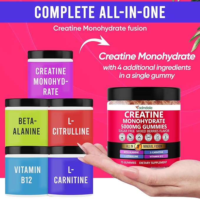 Adndale Creatine Gummies for Women &amp Men 5000mg per Serving Creatine Monohydrate Supplement with Beta-Alanine L-Citrulline &amp B12-75 Vegan Gummies. Sugar-Free