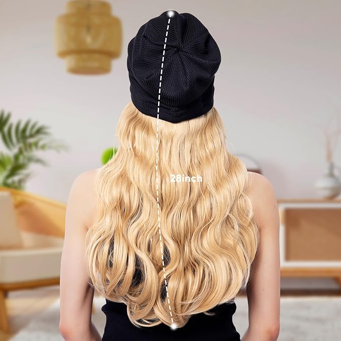 Long Curly Hair Synthetic Hat Wig Knitted Hat with Hair Attached for Women White Blonde Cosplay Beanie Wavy Wig Cap (28in)(Blonde)