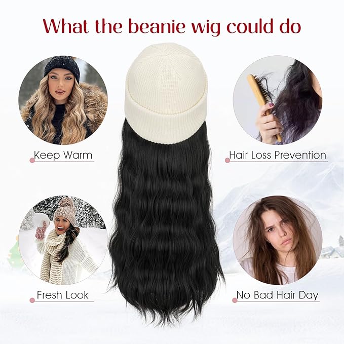 S-noilite Beanie Wig with Hair18 Inch Long Wavy Hair Extensions with White Knitted Hat Hairpieces for Women Winter Natural Black
