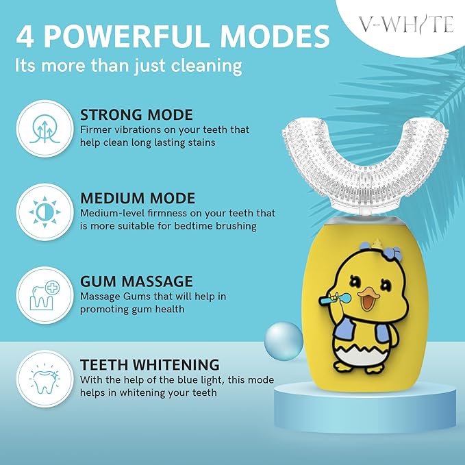 V-WHITE Ultrasonic U-Shaped Toothbrush For Teeth Whitening Electric Toothbrush - 360° Mouth Cleansing Hands Free Gums Protection - Wireless Charging - Waterproof IPX7 Certified (YELLOW - KIDS KIDS)
