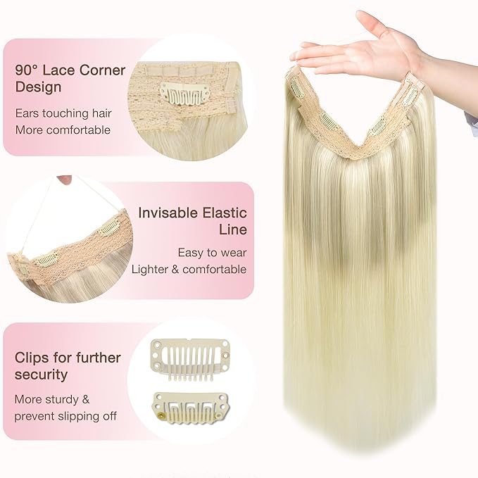 GOO GOO Wire Hair Extensions Human Hair 17/22/60 Ash Blonde with Golden Blonde and Platinum Blonde Balayage 18inch 95g Invisible Wire Hair Extensions with Transparent Seamless Fish Line Hairpiece