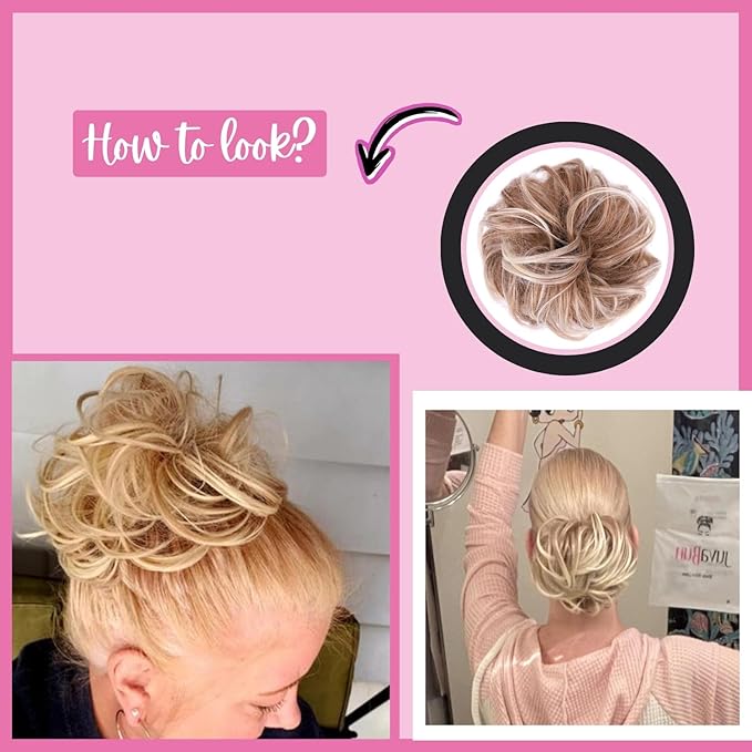 Juvabun Messy Bun Strawberry Honey Blonde Hair Piece Human Hair Blonde ? Natural Soft Updo Look Secure &amp Lightweight Hair Bun Extensions For Women messy bun hair piece