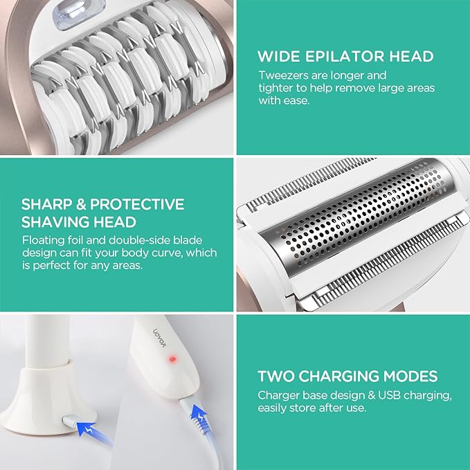 VOYOR Epilator for Women 3 in 1 Epilator Hair Removal for Women Epilators Hair Remover for Leg Arm with 30 Tweezers Rechargeable &amp Cordless Electric Lady Shaver &amp Trimmer BM300 (Champagne G
