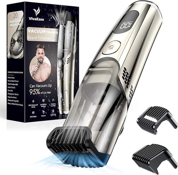 Vacuum Beard Trimmer for Men New Version Adjustable Precision Trimming Length with 2 Comb Electric Cordless Vacuum Trimmer for Beard Waterproof and Rinses Easy Blades for Skin fit