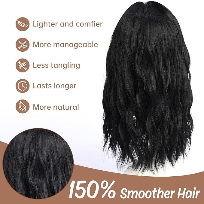 Medium Length Black Wavy Wigs for Women 18 Inch Middle Part Wavy 1B Wig Natural Looking Synthetic Heat Resistant Fiber Wig for Daily Party Halloween (18 inch)