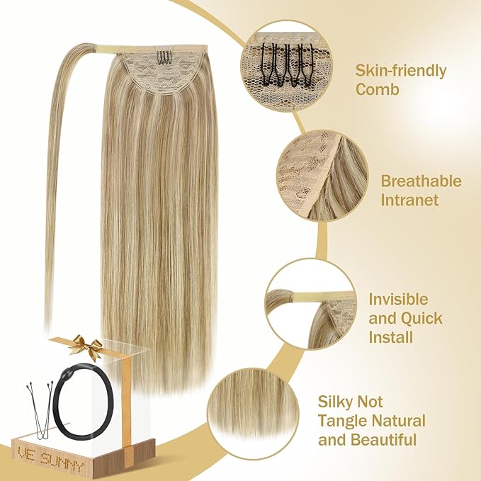 Ve Sunny Ponytail Extension Real Human Hair for Women Clip in Ponytail Hair Extension Straight Hair Pieces Wrap Around Dark Ash Blonde Highlights Golden Blonde 16inch 80G