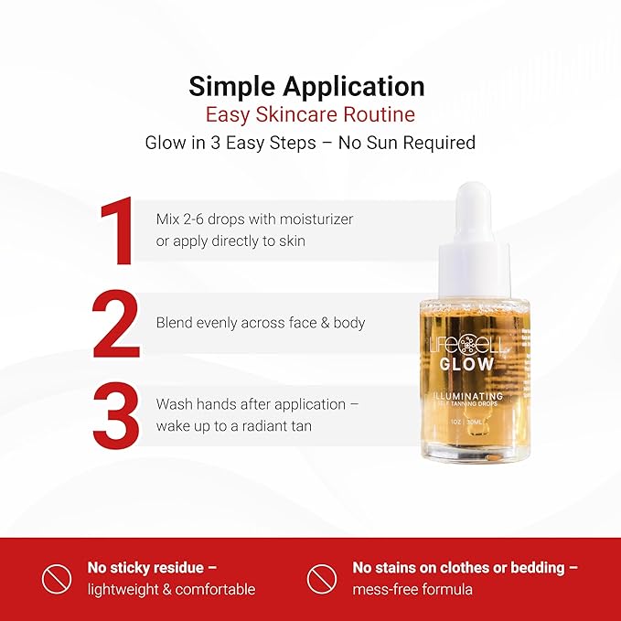 LifeCell Glow Self-Tanning Drops for Face &amp Body DHA &amp Squalane Formula Customizable Tan Streak-Free Hydrating Fragrance-Free Non-Comedogenic Safe for All Skin Types 1 Fl Oz