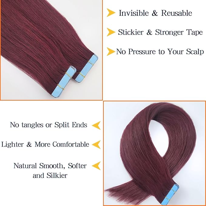 Burgundy Tape in Hair Extensions Human Hair Invisible Remy Hair 18 Inch Tape in Human Hair Extensions 50G 20Pcs for Christmas