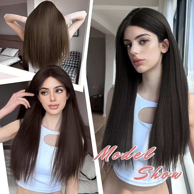 Toppers Hair Pieces for Women 24 Inch Long Straight Clip in Hair Toppers for Women Thinning Hairs Synthetic Hand-Tied Hairline Heat Resistant Layered Womens Wig Topper Add Volume Dark Brown