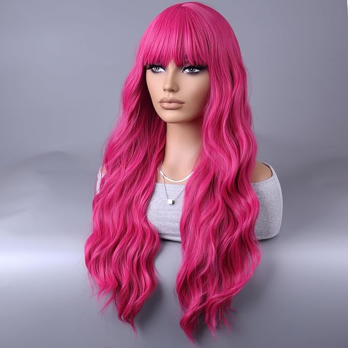 BERON Hot Pink Wigs Long Wavy Women Wigs with Bangs 26 Inches Curly Synthetic for Cosplay Party Wigs Wig Cap Included