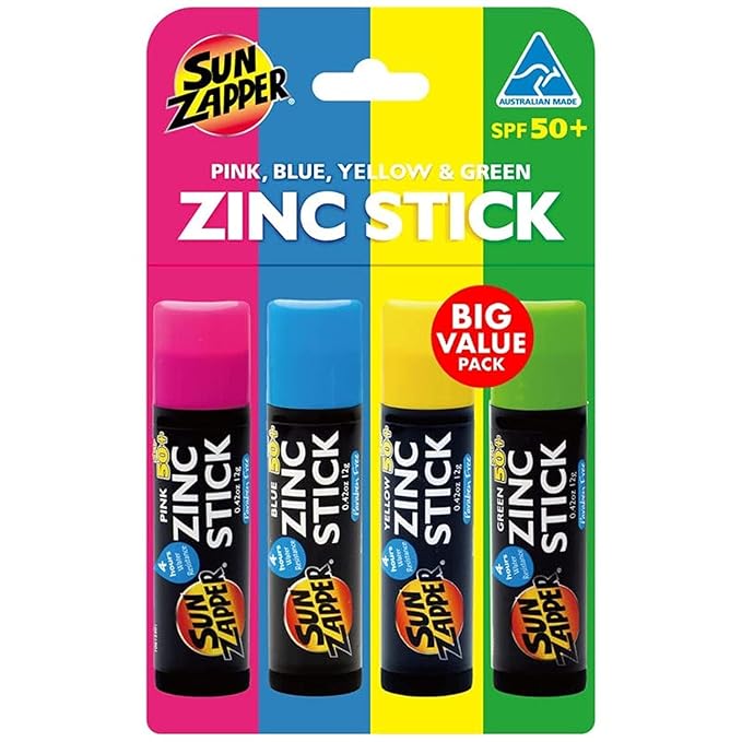 Sun Zapper Zinc Oxide Sunscreen Stick ? SPF 50+ Tinted 4-Pack (Pink Blue Green Yellow) ? Sunscreen Stick Zinc Sunscreen Water Resistant Broad Spectrum UVA/UVB Made in Australia