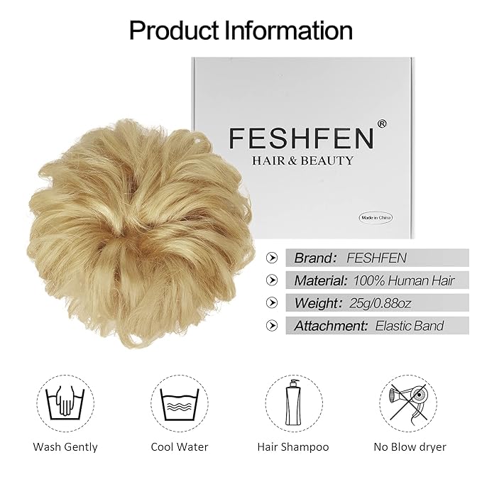 FESHFEN Human Messy Buns - 100% Human Hair Bun Real Scrunchies Hair Pieces Ponytail Extensions Wavy Tousled Updo Chignon Hairpieces for Women Light Blonde