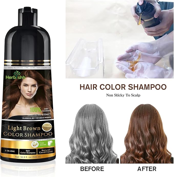 Herbishh Light Brown 3 in 1 Hair Dye Shampoo 500 ML + Travel Size Dye Shampoo pack of 10 30 ML Each - Champu Para Canas Muje