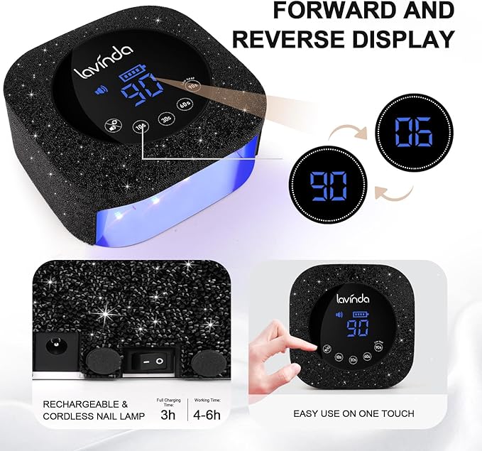 Lavinda 54W UV Nail Lamp UV Light for Gel Nails Cordless Rechargeable UV LED Nail Lamp Nail Light with 4 Timer and LCD Display Professional Fast Curing Lamp Nail Dryer with Black Rhinestone
