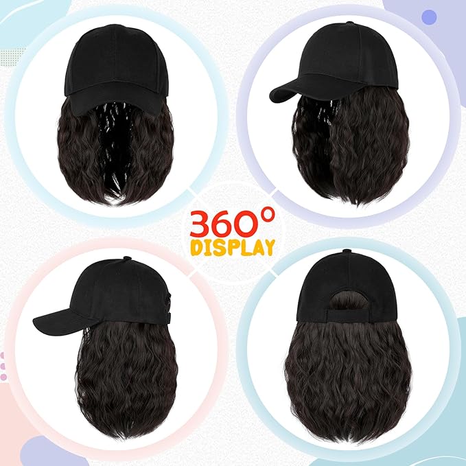Baseball Hat WigHat with Hair attached 16'' Adjustable Black Cap with Wavy Curly Synthetic Bob Hair Extensions for Women Girls(Dark Brown)