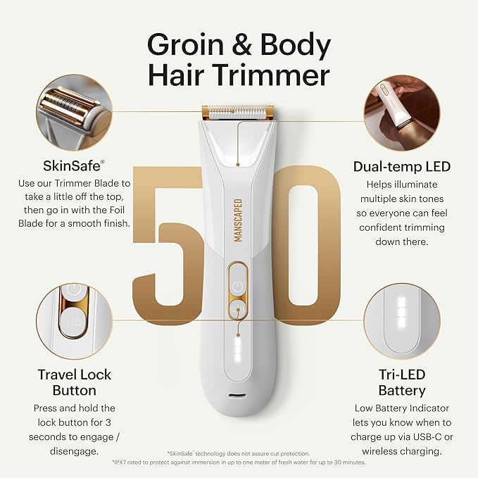 MANSCAPED® The Lawn Mower® 5.0 Ultra Men's &amp Women's Groin &amp Body Hair Trimmer ? Dual-Head SkinSafe® Trimmer &amp Foil Blades Waterproof Wet/Dry Groomer USB-C Rechargeable with Travel Case