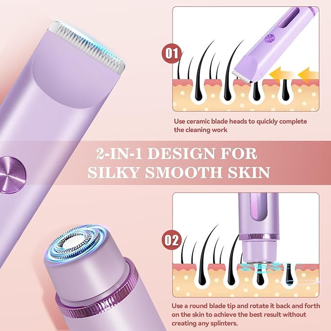 Bikini Trimmer for Women 2in1 High Power Epilators Hair Removal Waterproof Electric Razors Women's Electric Razor Pubic Hair Trimmer Shaver for Women for Ladies PubicFaceUnderarmsLegs(Purple)