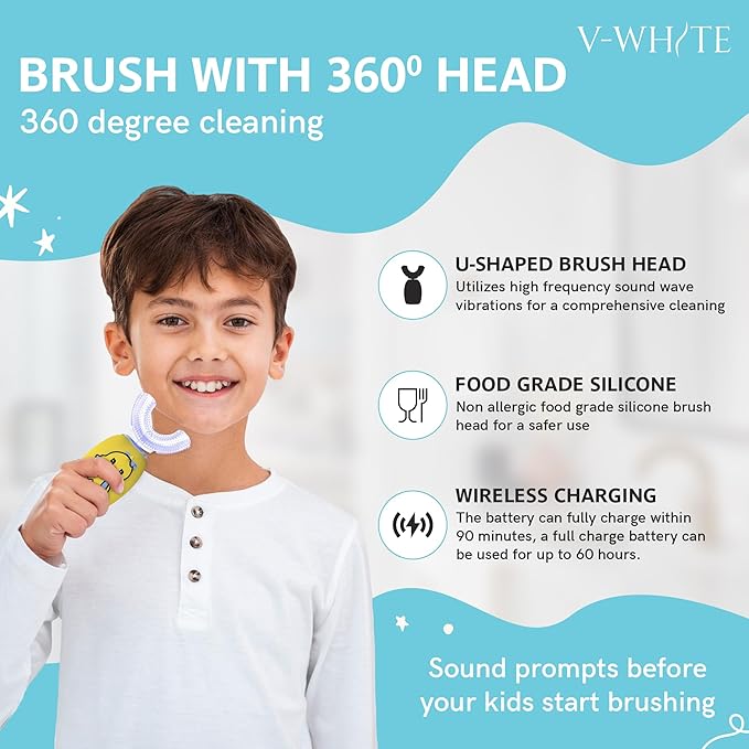 V-WHITE Ultrasonic U-Shaped Toothbrush For Teeth Whitening Electric Toothbrush - 360° Mouth Cleansing Hands Free Gums Protection - Wireless Charging - Waterproof IPX7 Certified (YELLOW - KIDS KIDS)
