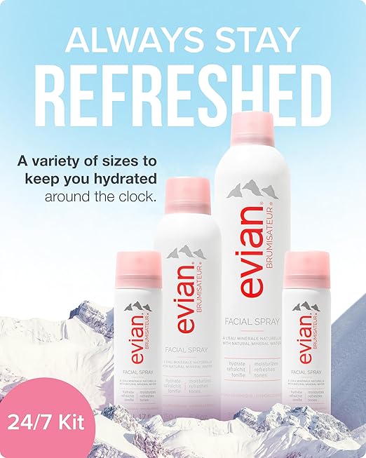BRUMISATEUR Evian Facial Spray 24/7 Kit - Hydrating Mineral Water Mist for Face &amp Skin - Refreshes Makeup Sets &amp Tones - Travel-Friendly Sizes for Daily Moisture Boost