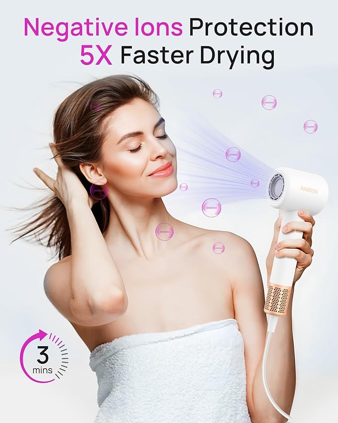 Hair Dryer High-Speed Ionic Low Noise Blow Dryer with Brushless Motor for Fast Drying Thermo-Control Quiet Compact Hair Blow Dryer with Magnetic Diffuser for Curly Hair for Home Travel Salon