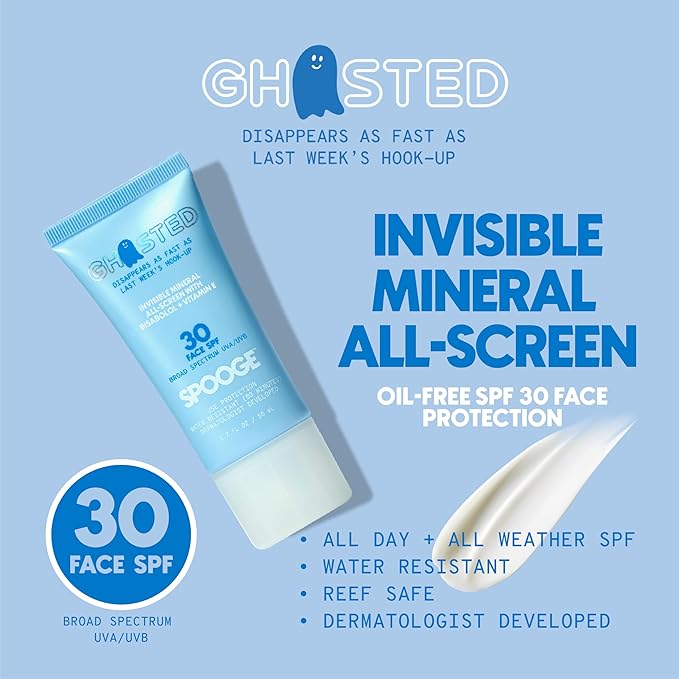 Ghosted Mineral All-Screen - Oil-Free SPF 30 Face Sunscreen - Dermatologist Developed with Cloud Feel Bisabolol for Daily All-Weather Care - Reef Safe Water-Resistant Blends Into Skin (1.7oz)