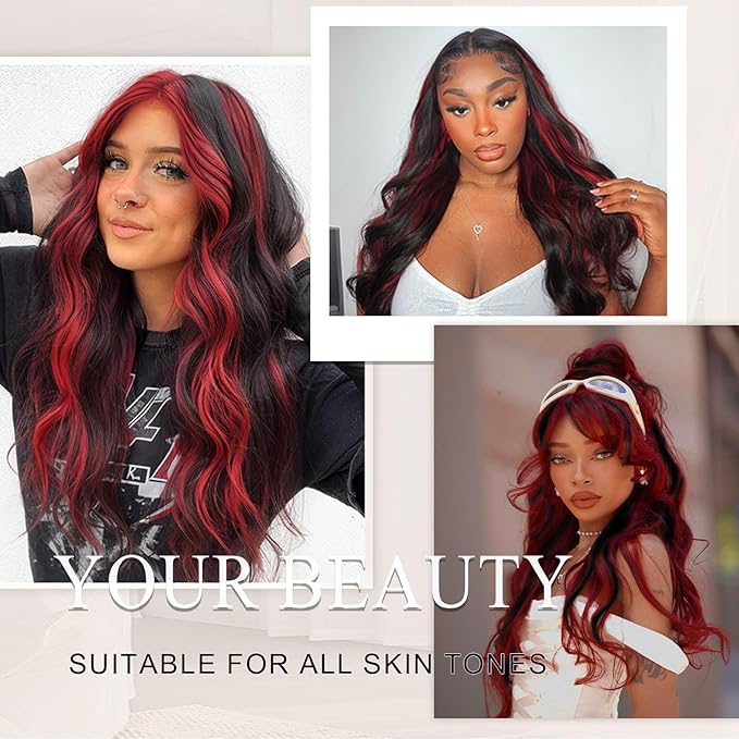 FAVE Red and Black Wig Long Synthetic Red Wig Natural Wavy Wig for Black Women Dark Red Wig for Daily Part Use 28IN(Red Highlight)