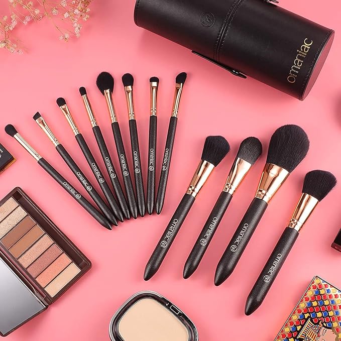 OMANIAC Makeup Brush Set Professional 12 Pearlescent Wood Handle Makeup Brushes Premium Cruelty-Free Synthetic Fiber Hair Travel Make up Brushes Set with Case (Black).