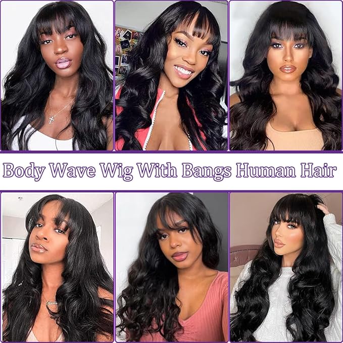 Body Wave Wigs With Bangs Human Hair For Black Women 16Inch None Lace Front Wigs 150% Density Brazilian Virgin Hair Glueless Human Hair With Bangs Natural Color Body With Bangs