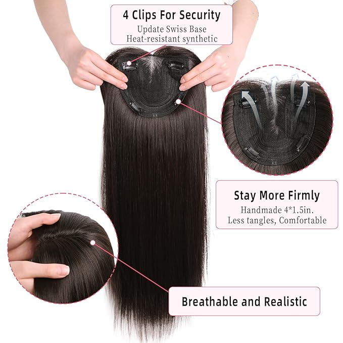 Toppers Hair Pieces for Women 24 Inch Long Straight Clip in Hair Toppers for Women Thinning Hairs Synthetic Hand-Tied Hairline Heat Resistant Layered Womens Wig Topper Add Volume Dark Brown