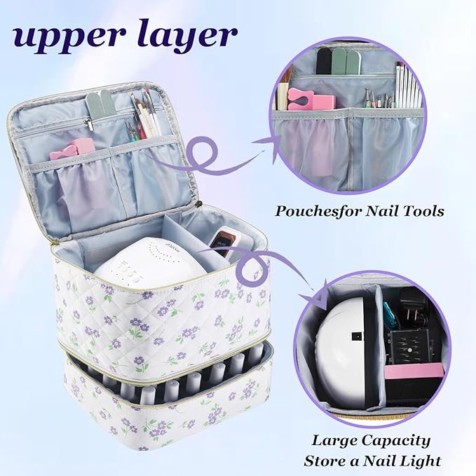 CTWWFS Nail Polish Organizer and Nail Lamp Case Nail Kit Organizer Holds 30 Bottles (15ml - 0.5 fl.oz) and a Nail Lamp Nail Polish Carrying Case with Manicure Tools Storage Sections (Purple Flower)