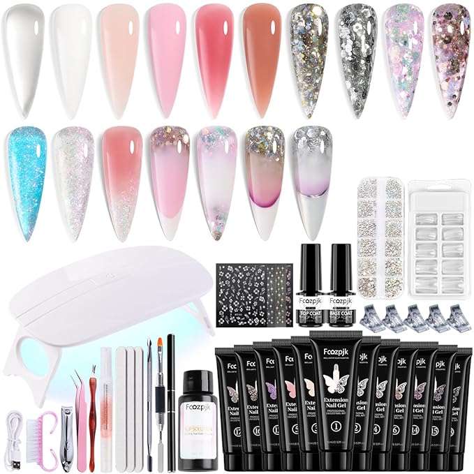 Poly Nail Gel Kit with UV Light 12 Colors Clear Nude Pink Iridescent Glitter Extension Gel Builder Gel Starter Kit Base Top Coat Set Slip Solution Nail Gel Kit for Beginners with Everything