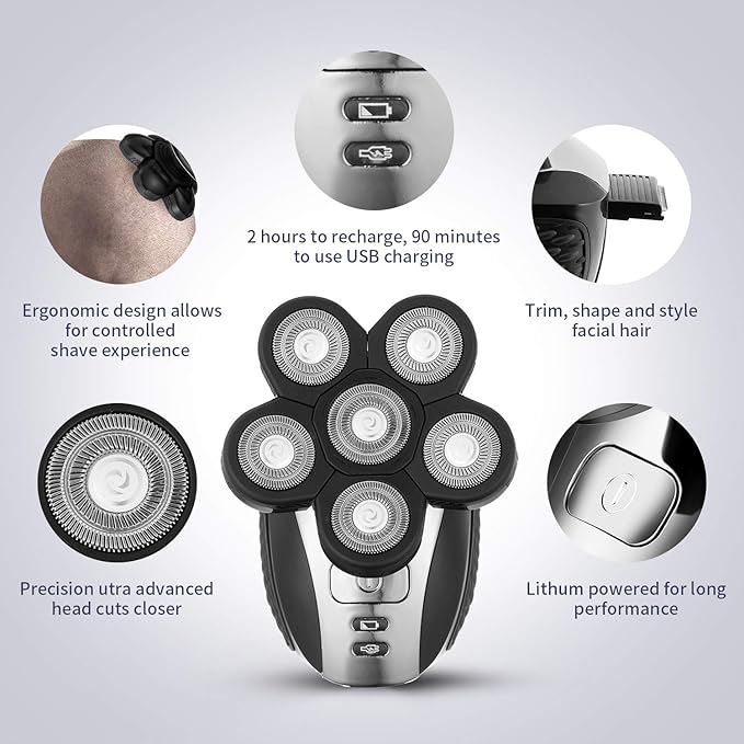 Head Shavers for Men - Upgraded Multifunctional Bald Head Shaver Waterproof Electric Razor for Men Cordless Rechargeable Shaving Grooming Kit (Gray)