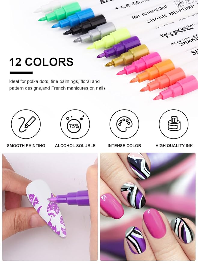12 Color 3D Nail Art Pens Set Kalolary Nail Point Graffiti Dotting Pen Drawing Painting Liner Brush for DIY Nail Art Beauty Adorn Manicure Tools