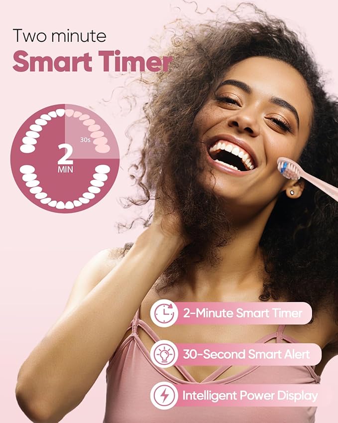 MySmile DY156 Electric Toothbrush for Adults Rechargeable Sonic Battery Toothbrush Portable with 3 Brush Heads 2 Mins 5 Modes Smart Timer 45000VPM One Charge for 60 Days - Pink